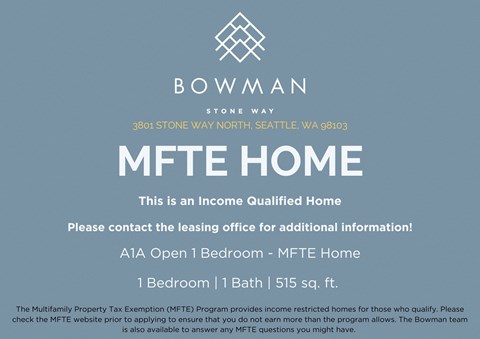 An advertisement for a bowman MFTE home located at 3801 Stone Way North Seattle, WA 98103.